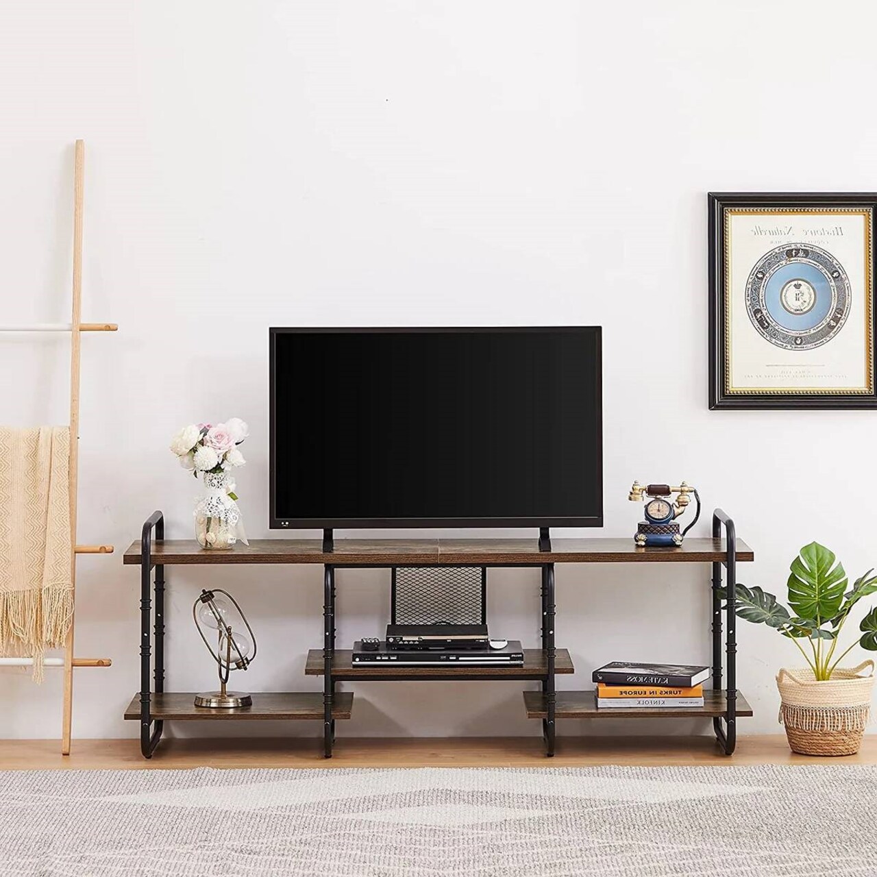 Wood Metal TV Stand with Open Shelves for TVs up to 60 Inches